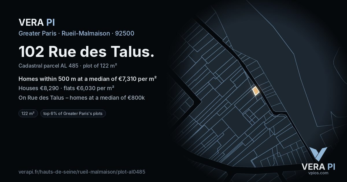 102 Rue des Talus, Rueil-Malmaison at night – the plot lit, the parcels around coloured by the prices near them