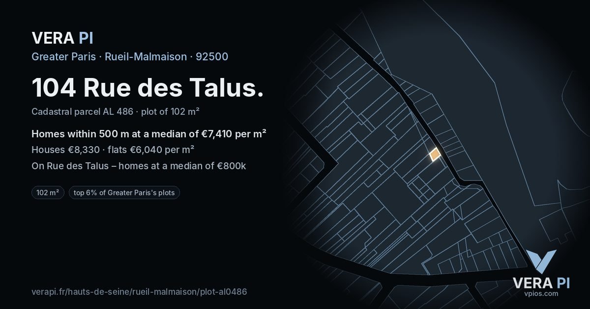 104 Rue des Talus, Rueil-Malmaison at night – the plot lit, the parcels around coloured by the prices near them