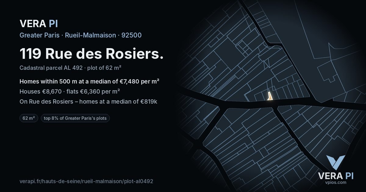 119 Rue des Rosiers, Rueil-Malmaison at night – the plot lit, the parcels around coloured by the prices near them