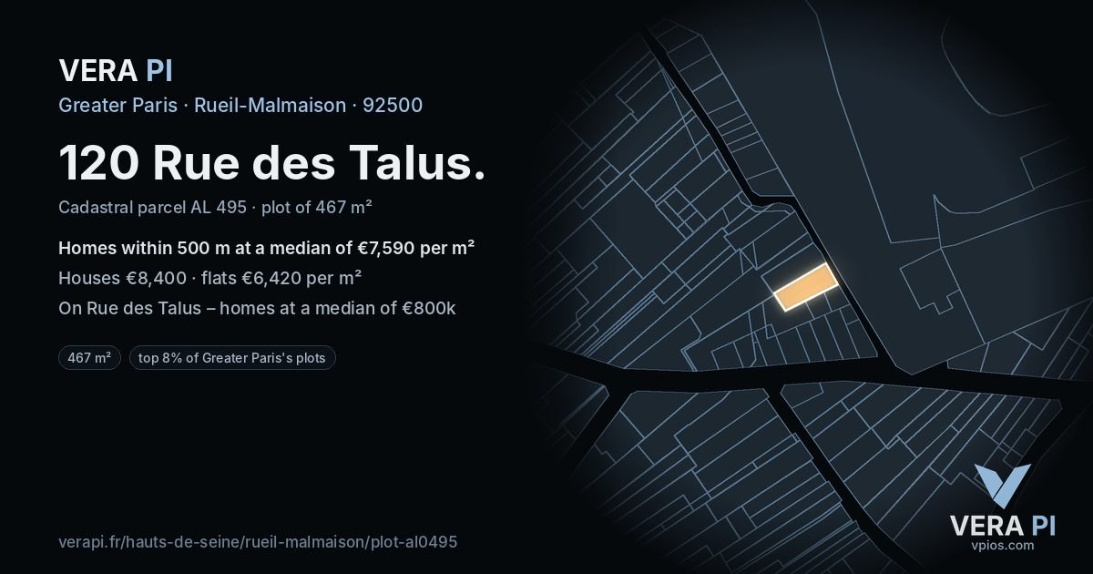 120 Rue des Talus, Rueil-Malmaison at night – the plot lit, the parcels around coloured by the prices near them