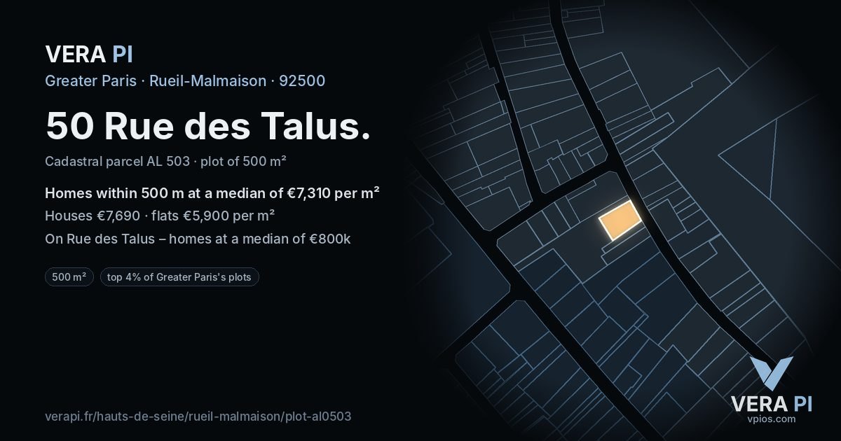 50 Rue des Talus, Rueil-Malmaison at night – the plot lit, the parcels around coloured by the prices near them