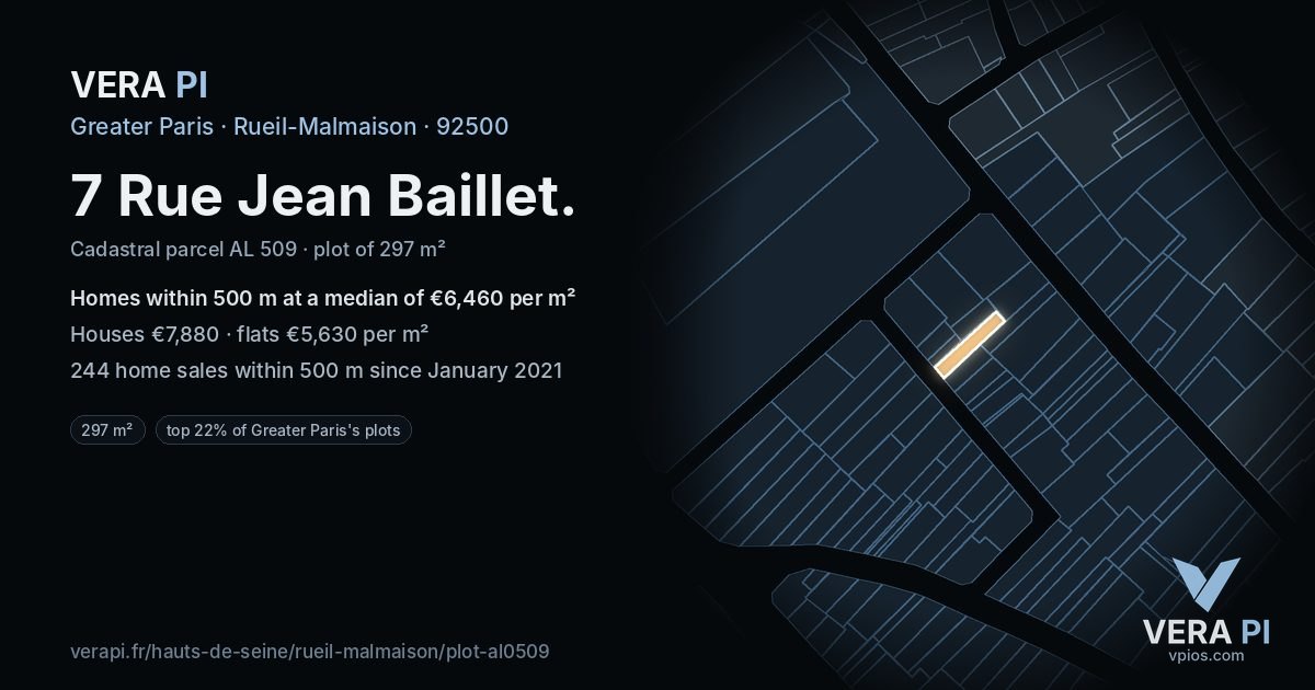 7 Rue Jean Baillet, Rueil-Malmaison at night – the plot lit, the parcels around coloured by the prices near them