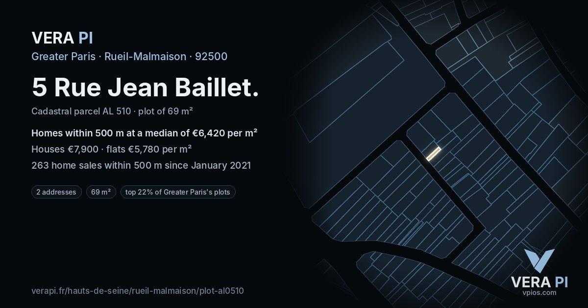 5 Rue Jean Baillet, Rueil-Malmaison at night – the plot lit, the parcels around coloured by the prices near them