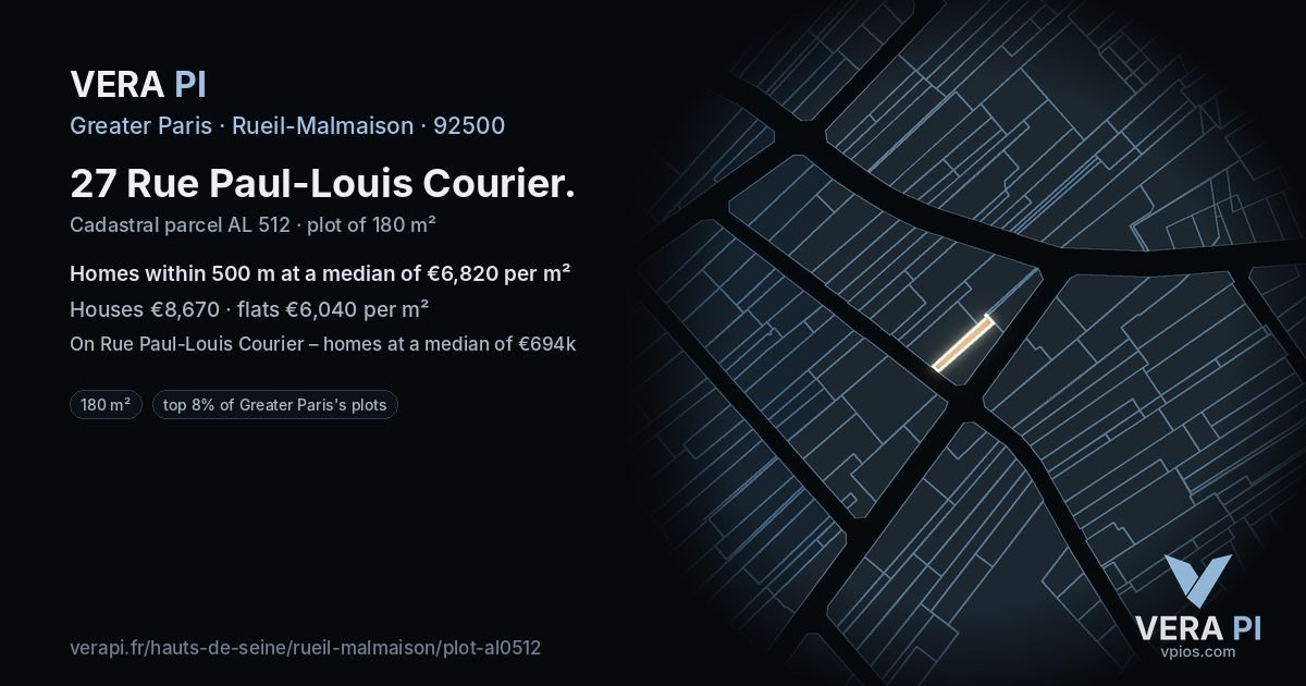 27 Rue Paul-Louis Courier, Rueil-Malmaison at night – the plot lit, the parcels around coloured by the prices near them