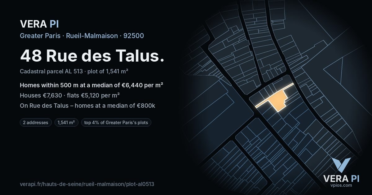 48 Rue des Talus, Rueil-Malmaison at night – the plot lit, the parcels around coloured by the prices near them