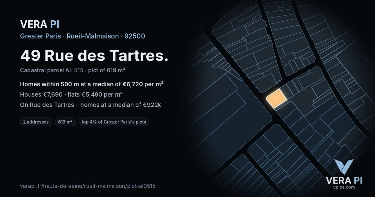 49 Rue des Tartres, Rueil-Malmaison at night – the plot lit, the parcels around coloured by the prices near them