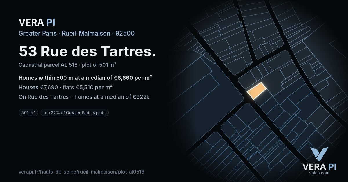 53 Rue des Tartres, Rueil-Malmaison at night – the plot lit, the parcels around coloured by the prices near them