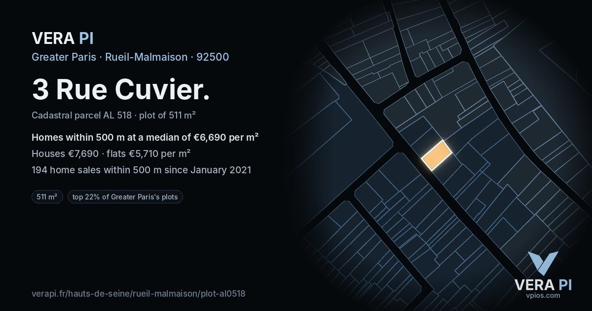 3 Rue Cuvier, Rueil-Malmaison at night – the plot lit, the parcels around coloured by the prices near them