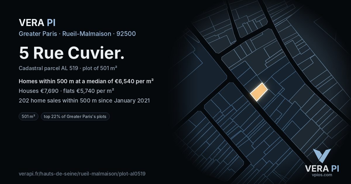 5 Rue Cuvier, Rueil-Malmaison at night – the plot lit, the parcels around coloured by the prices near them