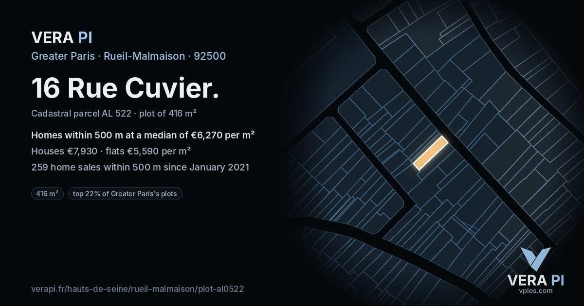 16 Rue Cuvier, Rueil-Malmaison at night – the plot lit, the parcels around coloured by the prices near them