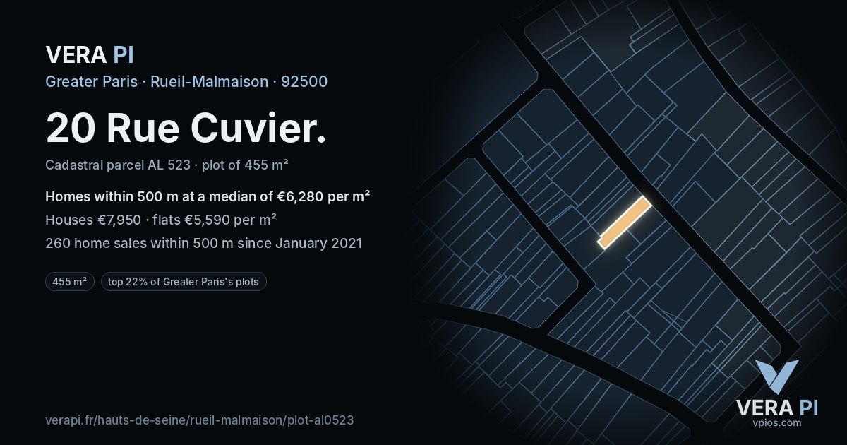 20 Rue Cuvier, Rueil-Malmaison at night – the plot lit, the parcels around coloured by the prices near them