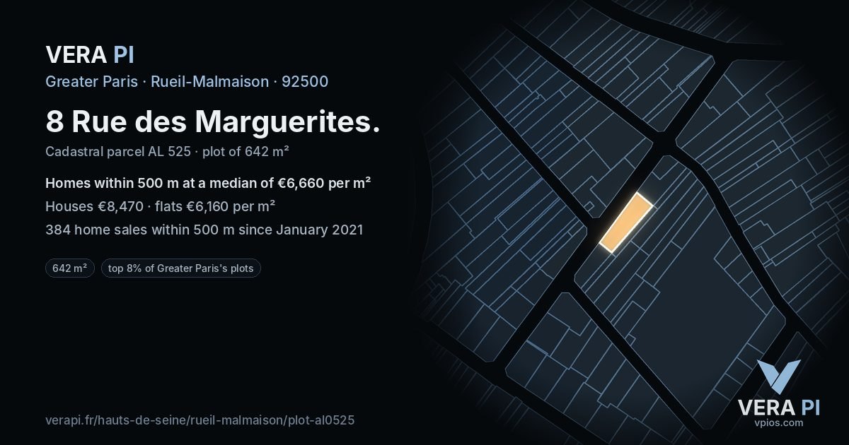 8 Rue des Marguerites, Rueil-Malmaison at night – the plot lit, the parcels around coloured by the prices near them