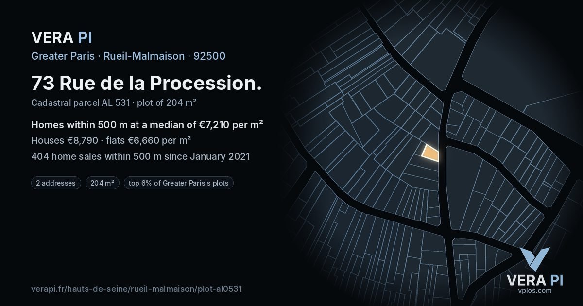 73 Rue de la Procession, Rueil-Malmaison at night – the plot lit, the parcels around coloured by the prices near them