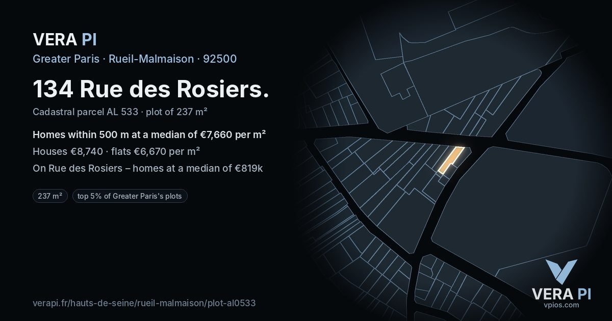 134 Rue des Rosiers, Rueil-Malmaison at night – the plot lit, the parcels around coloured by the prices near them