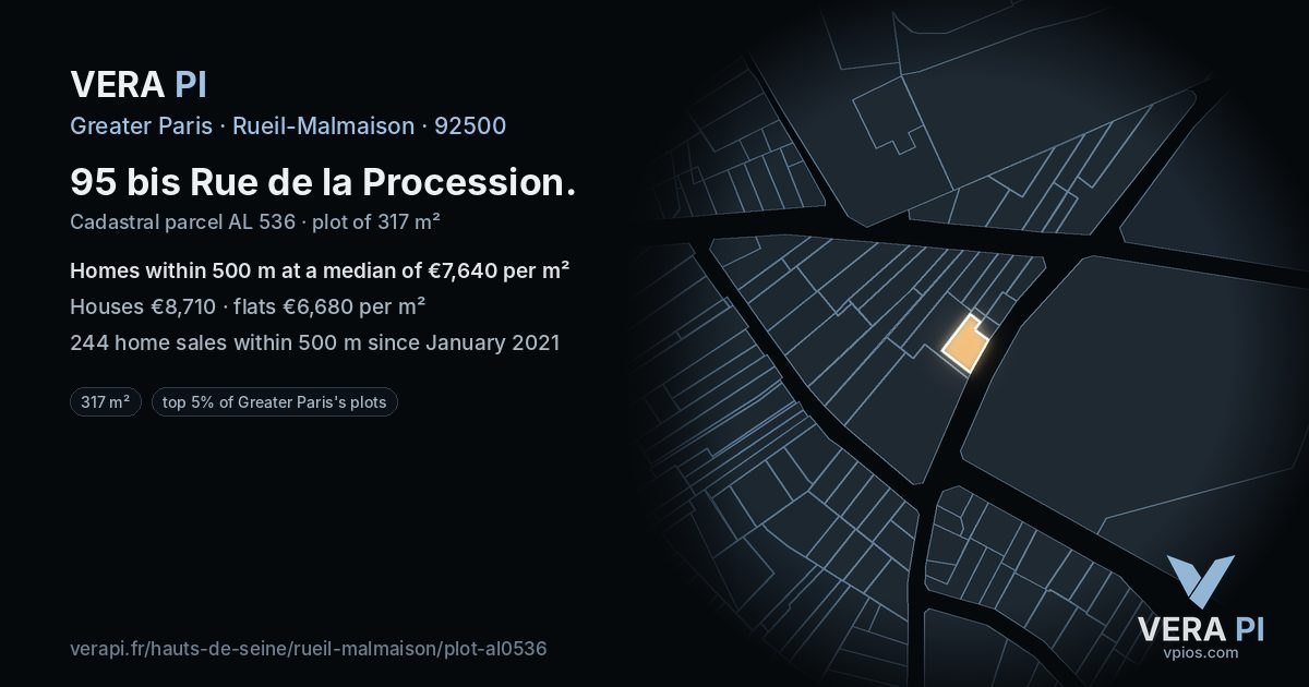 95 bis Rue de la Procession, Rueil-Malmaison at night – the plot lit, the parcels around coloured by the prices near them