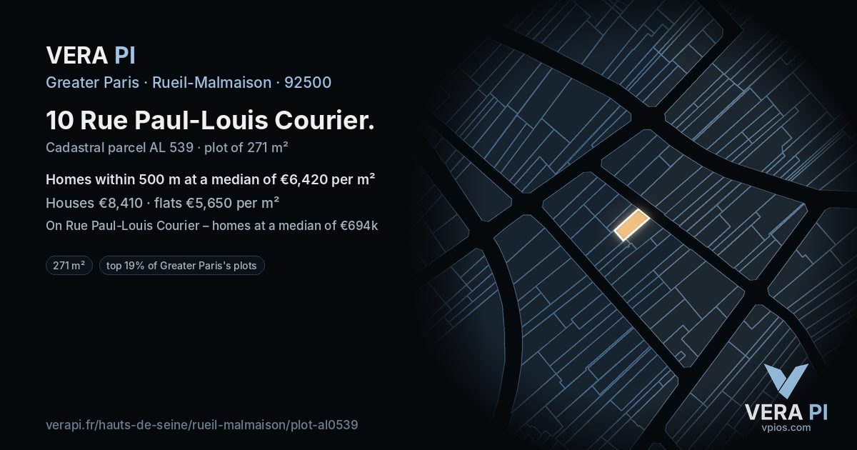 10 Rue Paul-Louis Courier, Rueil-Malmaison at night – the plot lit, the parcels around coloured by the prices near them
