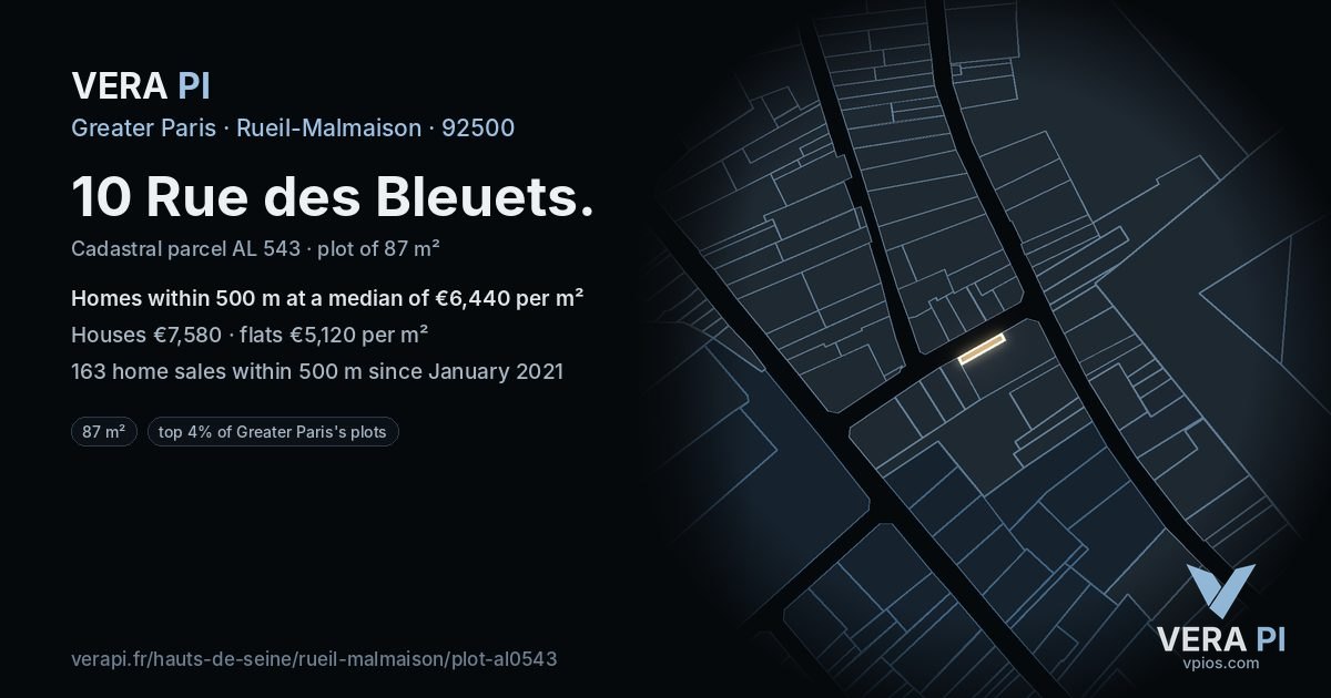10 Rue des Bleuets, Rueil-Malmaison at night – the plot lit, the parcels around coloured by the prices near them