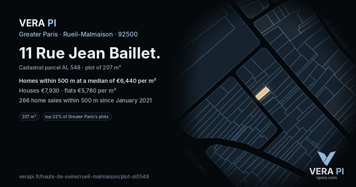 11 Rue Jean Baillet, Rueil-Malmaison at night – the plot lit, the parcels around coloured by the prices near them