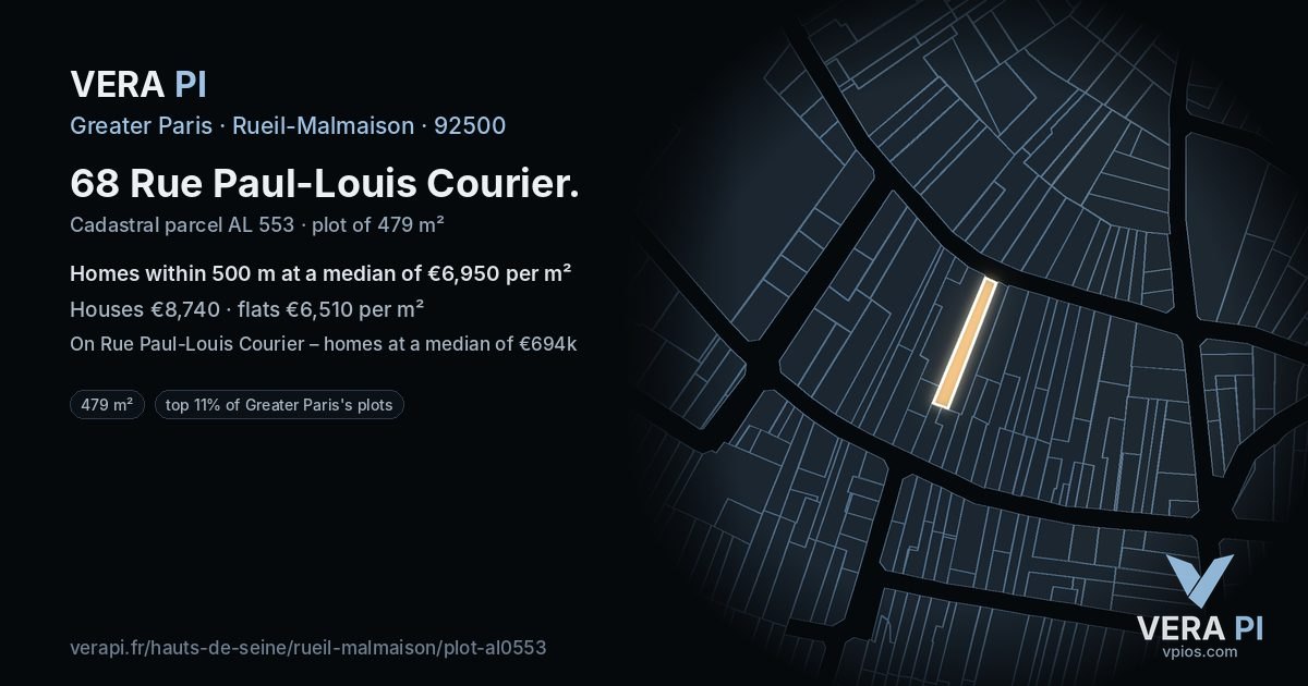 68 Rue Paul-Louis Courier, Rueil-Malmaison at night – the plot lit, the parcels around coloured by the prices near them