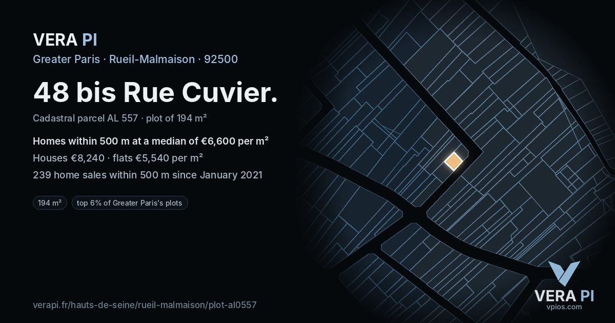 48 bis Rue Cuvier, Rueil-Malmaison at night – the plot lit, the parcels around coloured by the prices near them