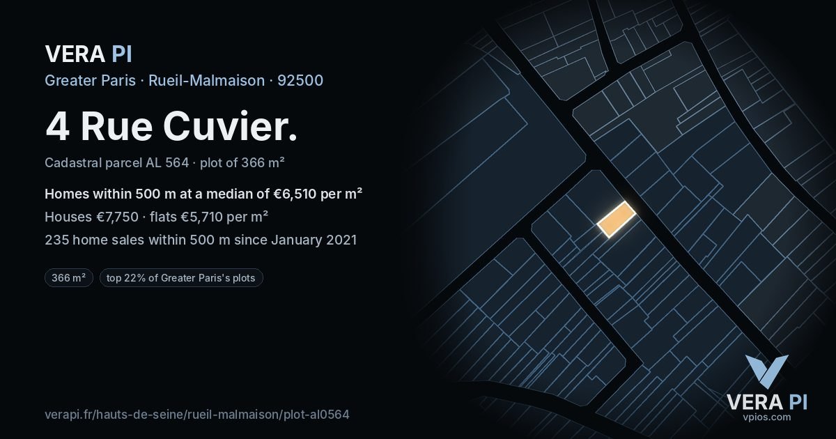 4 Rue Cuvier, Rueil-Malmaison at night – the plot lit, the parcels around coloured by the prices near them