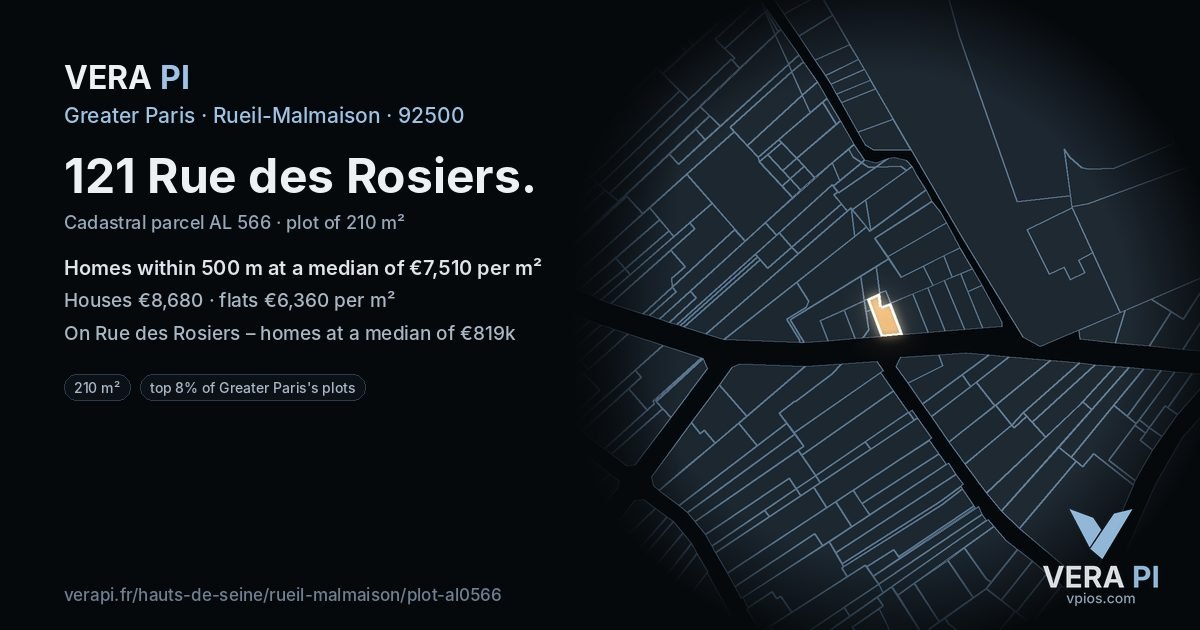 121 Rue des Rosiers, Rueil-Malmaison at night – the plot lit, the parcels around coloured by the prices near them