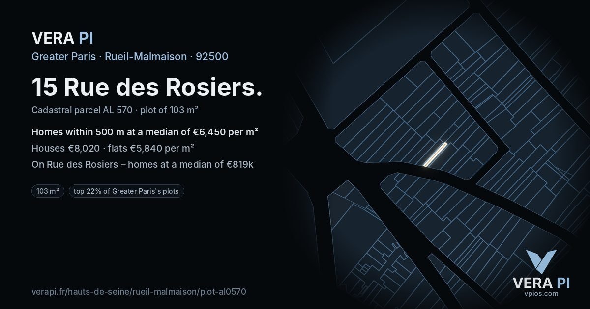 15 Rue des Rosiers, Rueil-Malmaison at night – the plot lit, the parcels around coloured by the prices near them