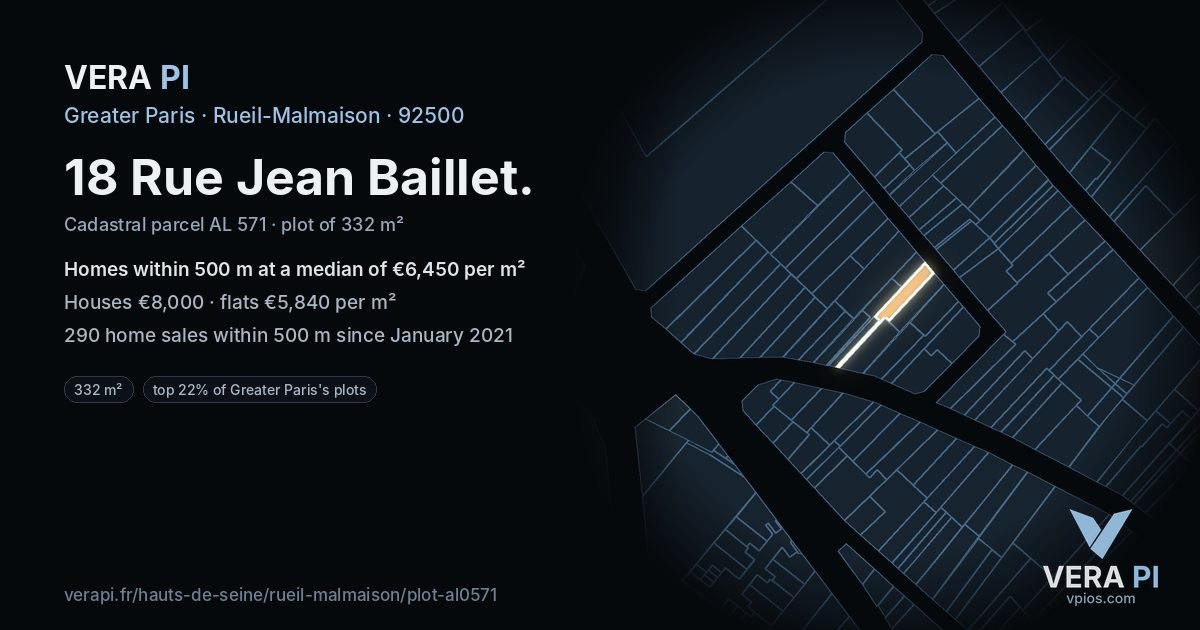 18 Rue Jean Baillet, Rueil-Malmaison at night – the plot lit, the parcels around coloured by the prices near them