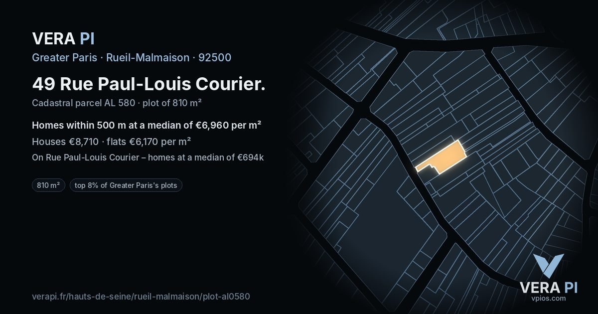 49 Rue Paul-Louis Courier, Rueil-Malmaison at night – the plot lit, the parcels around coloured by the prices near them
