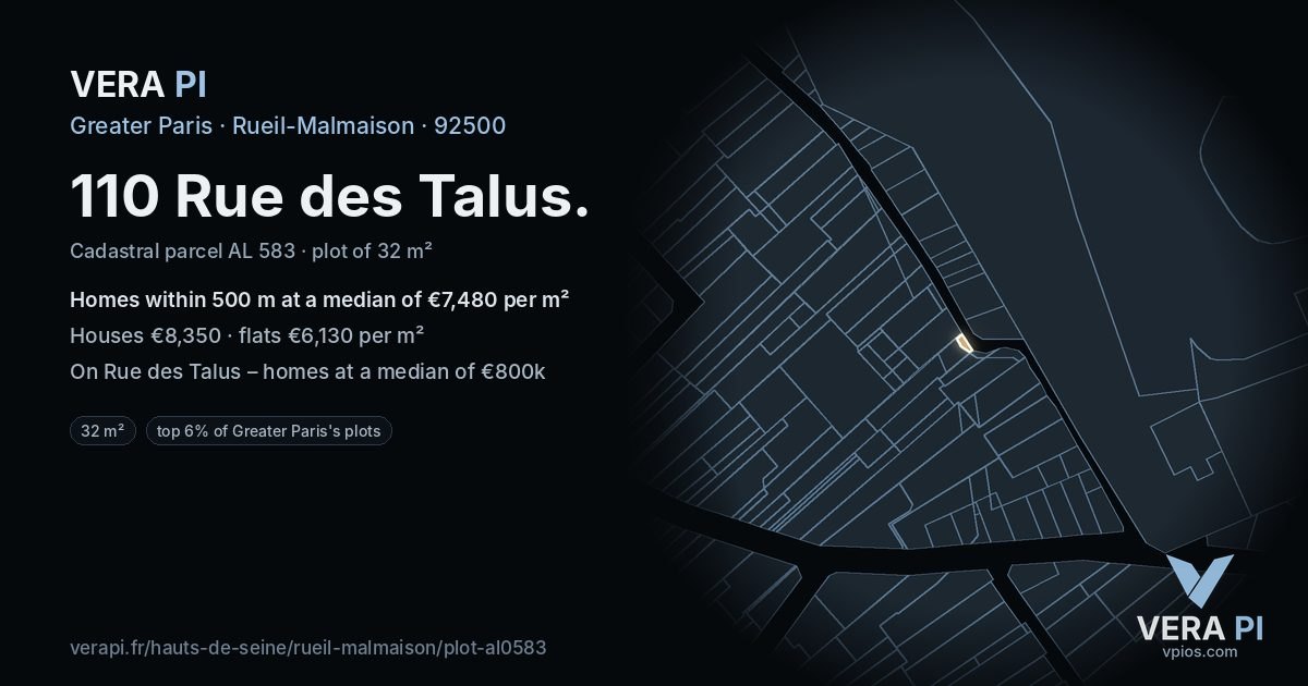 110 Rue des Talus, Rueil-Malmaison at night – the plot lit, the parcels around coloured by the prices near them