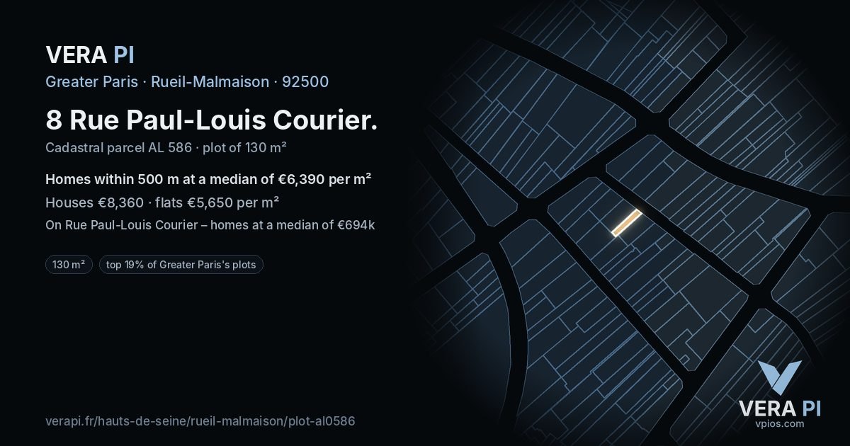 8 Rue Paul-Louis Courier, Rueil-Malmaison at night – the plot lit, the parcels around coloured by the prices near them