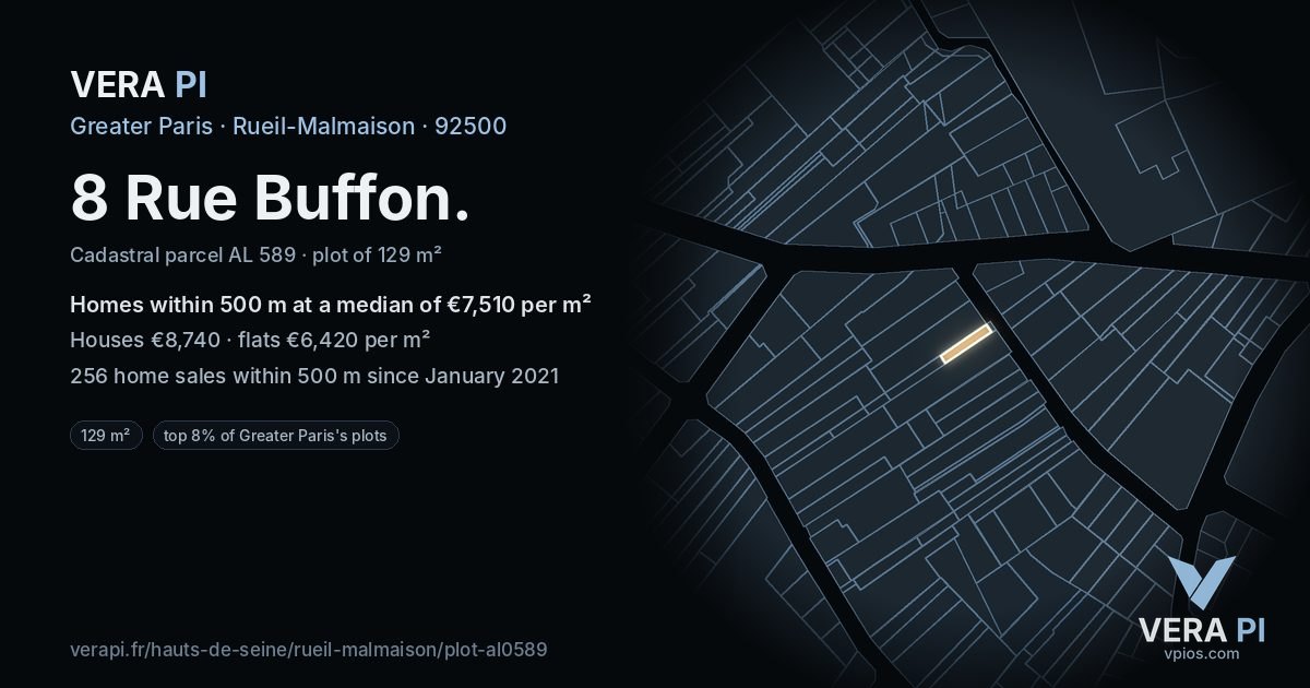 8 Rue Buffon, Rueil-Malmaison at night – the plot lit, the parcels around coloured by the prices near them