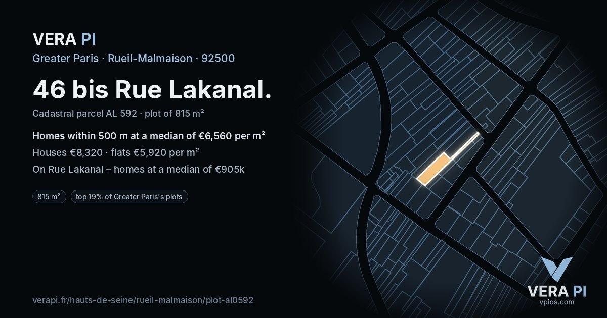 46 bis Rue Lakanal, Rueil-Malmaison at night – the plot lit, the parcels around coloured by the prices near them