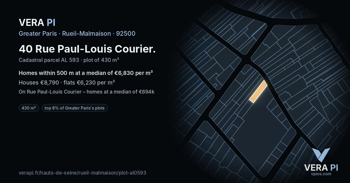 40 Rue Paul-Louis Courier, Rueil-Malmaison at night – the plot lit, the parcels around coloured by the prices near them