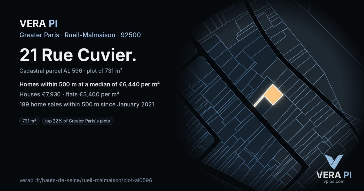 21 Rue Cuvier, Rueil-Malmaison at night – the plot lit, the parcels around coloured by the prices near them