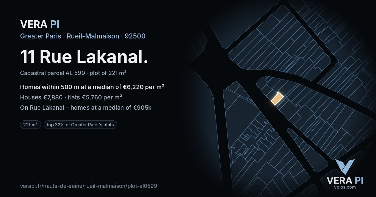 11 Rue Lakanal, Rueil-Malmaison at night – the plot lit, the parcels around coloured by the prices near them