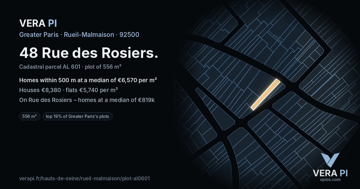 48 Rue des Rosiers, Rueil-Malmaison at night – the plot lit, the parcels around coloured by the prices near them