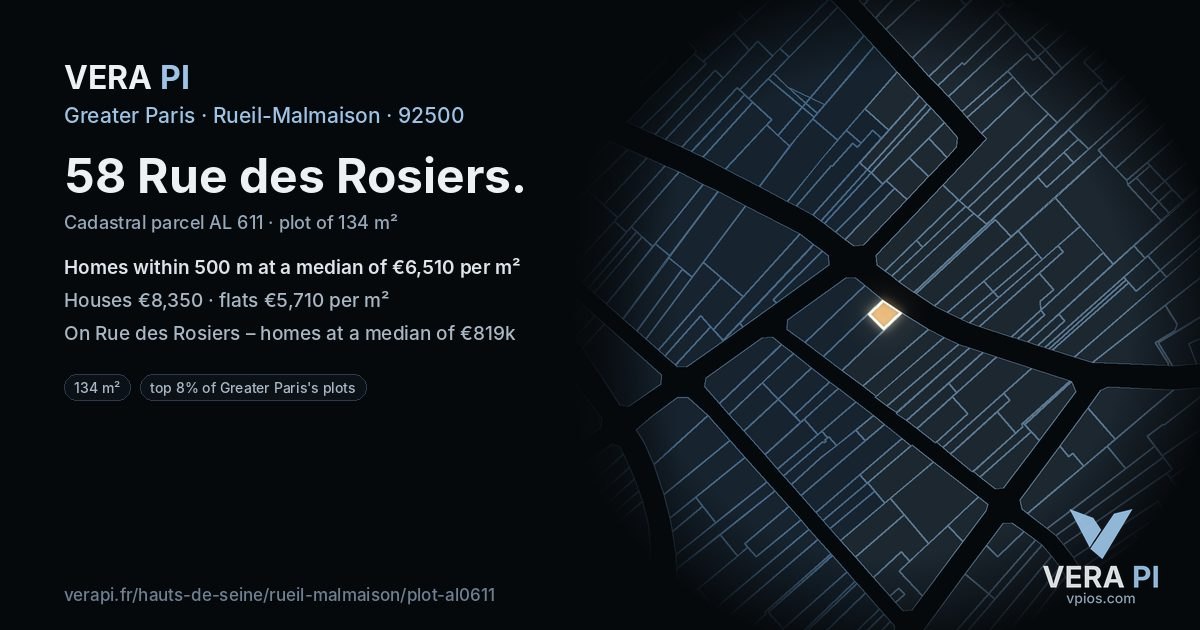 58 Rue des Rosiers, Rueil-Malmaison at night – the plot lit, the parcels around coloured by the prices near them
