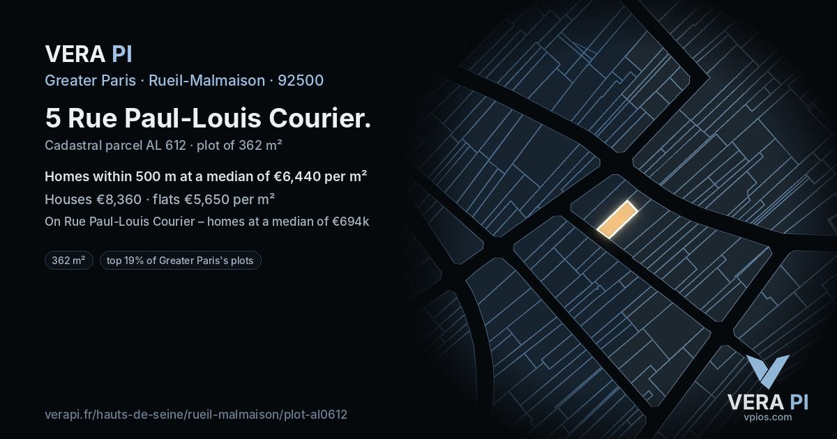 5 Rue Paul-Louis Courier, Rueil-Malmaison at night – the plot lit, the parcels around coloured by the prices near them