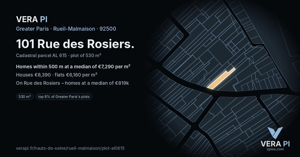101 Rue des Rosiers, Rueil-Malmaison at night – the plot lit, the parcels around coloured by the prices near them