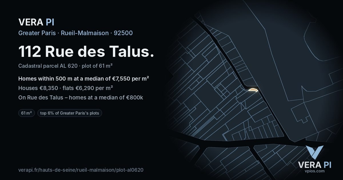 112 Rue des Talus, Rueil-Malmaison at night – the plot lit, the parcels around coloured by the prices near them