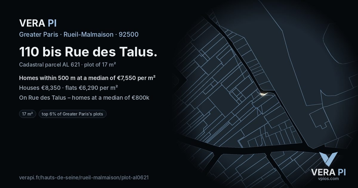 110 bis Rue des Talus, Rueil-Malmaison at night – the plot lit, the parcels around coloured by the prices near them