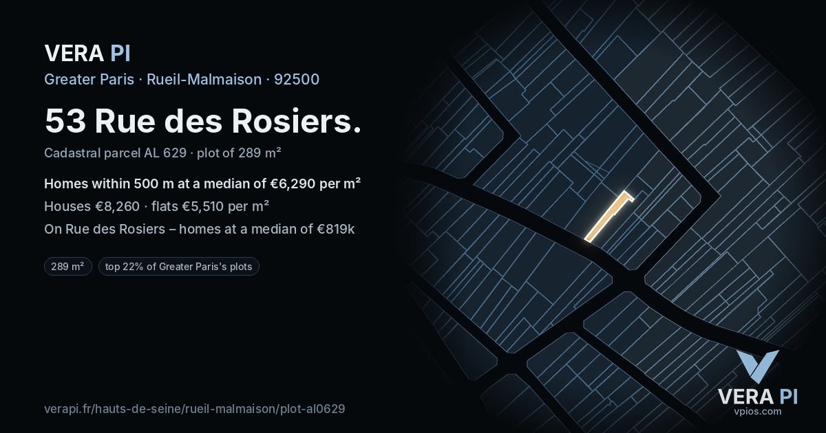 53 Rue des Rosiers, Rueil-Malmaison at night – the plot lit, the parcels around coloured by the prices near them