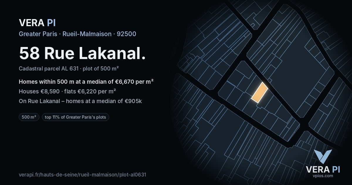 58 Rue Lakanal, Rueil-Malmaison at night – the plot lit, the parcels around coloured by the prices near them