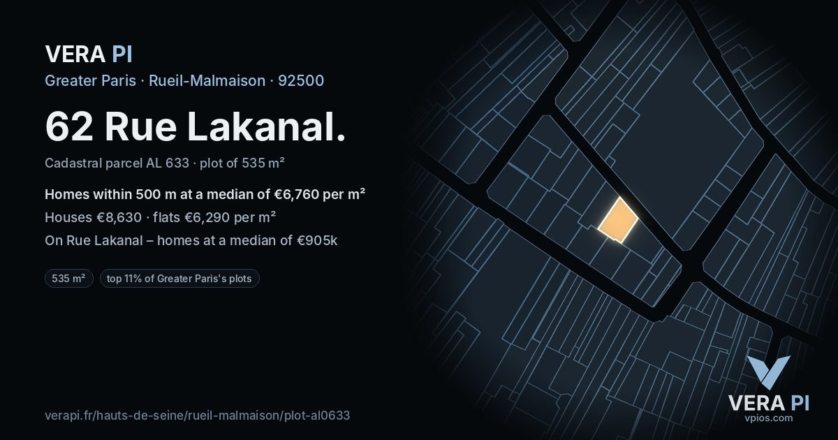 62 Rue Lakanal, Rueil-Malmaison at night – the plot lit, the parcels around coloured by the prices near them