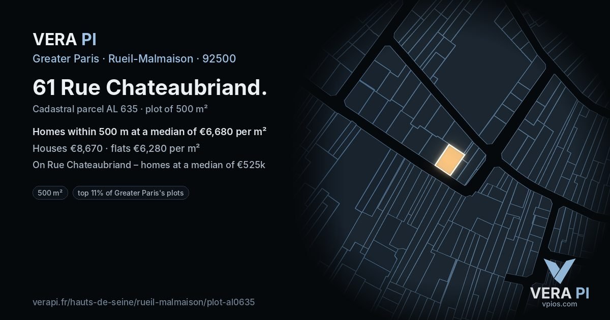 61 Rue Chateaubriand, Rueil-Malmaison at night – the plot lit, the parcels around coloured by the prices near them