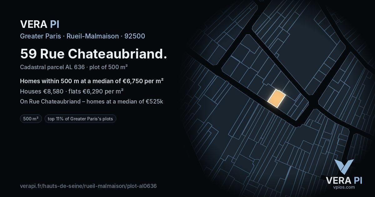 59 Rue Chateaubriand, Rueil-Malmaison at night – the plot lit, the parcels around coloured by the prices near them