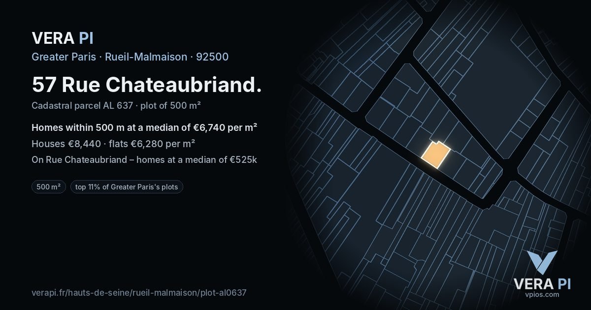 57 Rue Chateaubriand, Rueil-Malmaison at night – the plot lit, the parcels around coloured by the prices near them