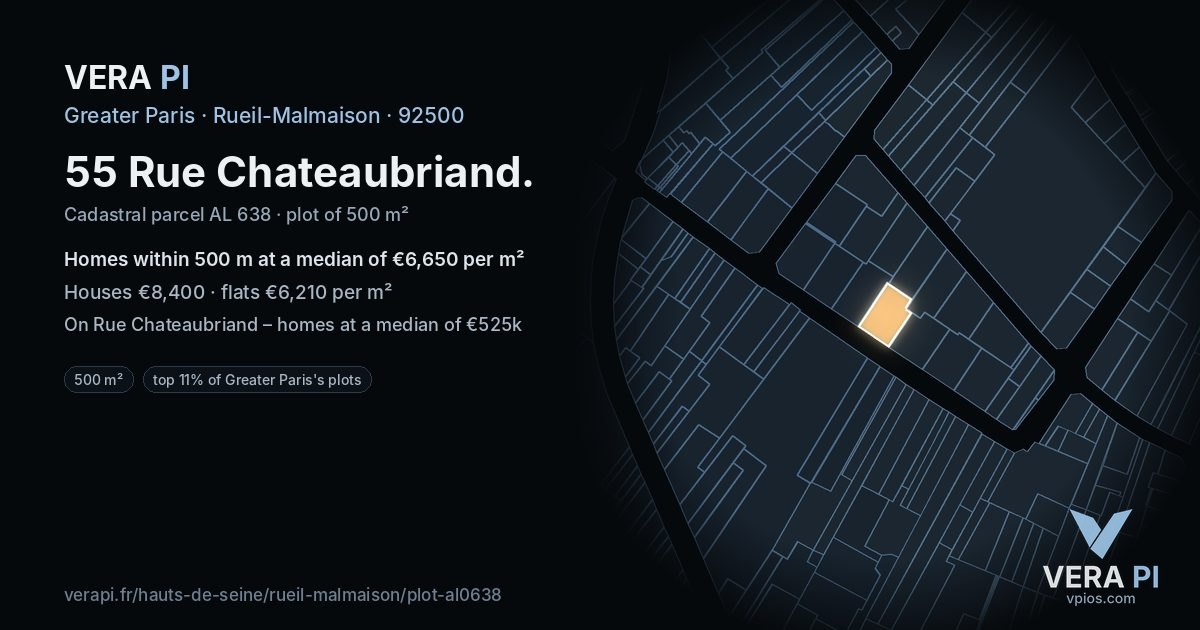55 Rue Chateaubriand, Rueil-Malmaison at night – the plot lit, the parcels around coloured by the prices near them