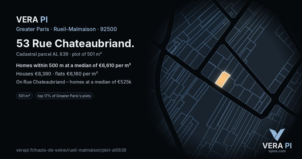53 Rue Chateaubriand, Rueil-Malmaison at night – the plot lit, the parcels around coloured by the prices near them